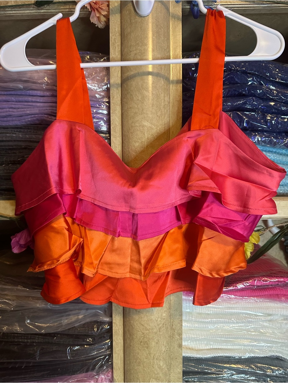 Twelfth Street by Cynthia Vincent Pink and Orange Ruffle Crop Tank
